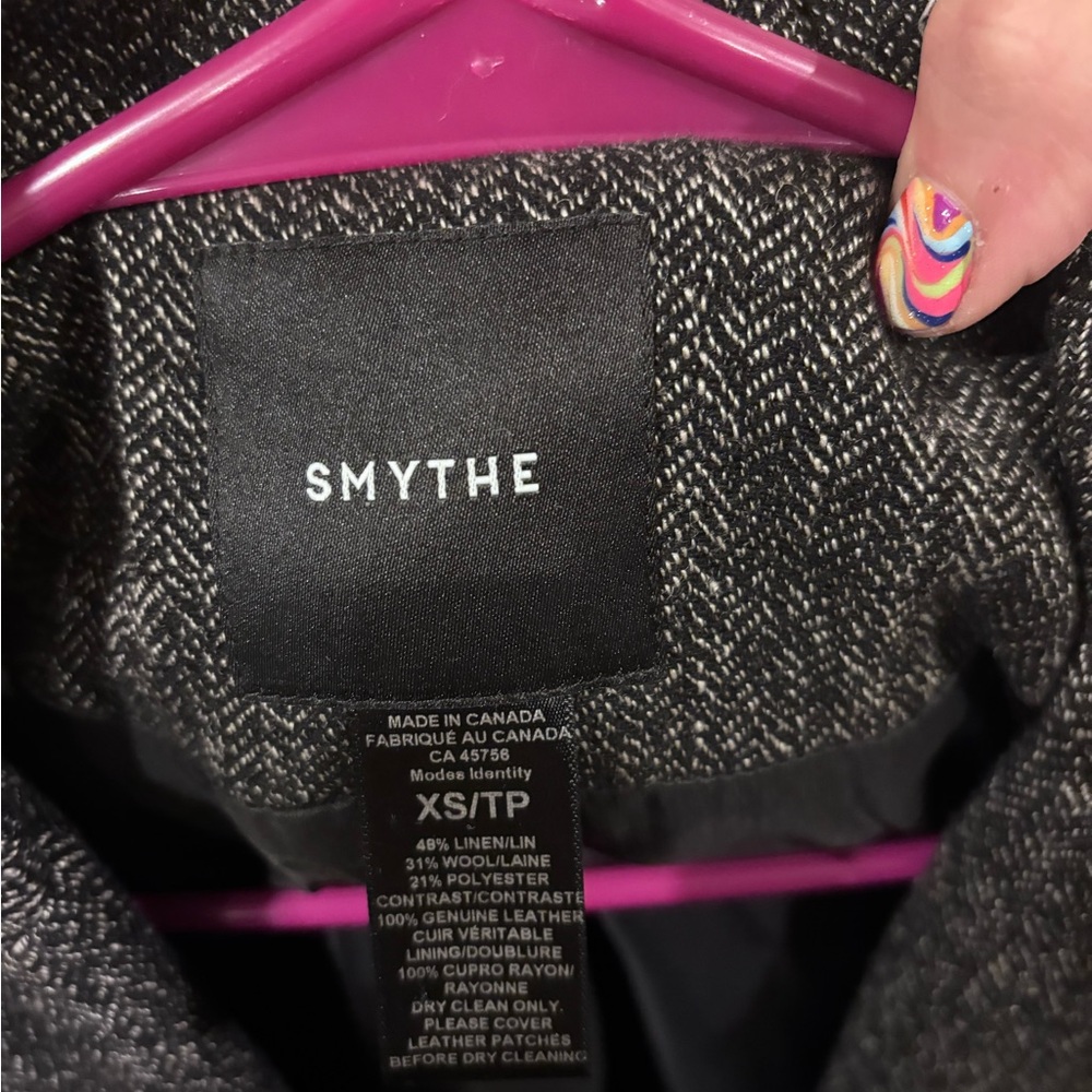 SMYTHE Women's Extra Small Gray Wool Spencer Jacket with Tan Leather Accents - Picture 3 of 7